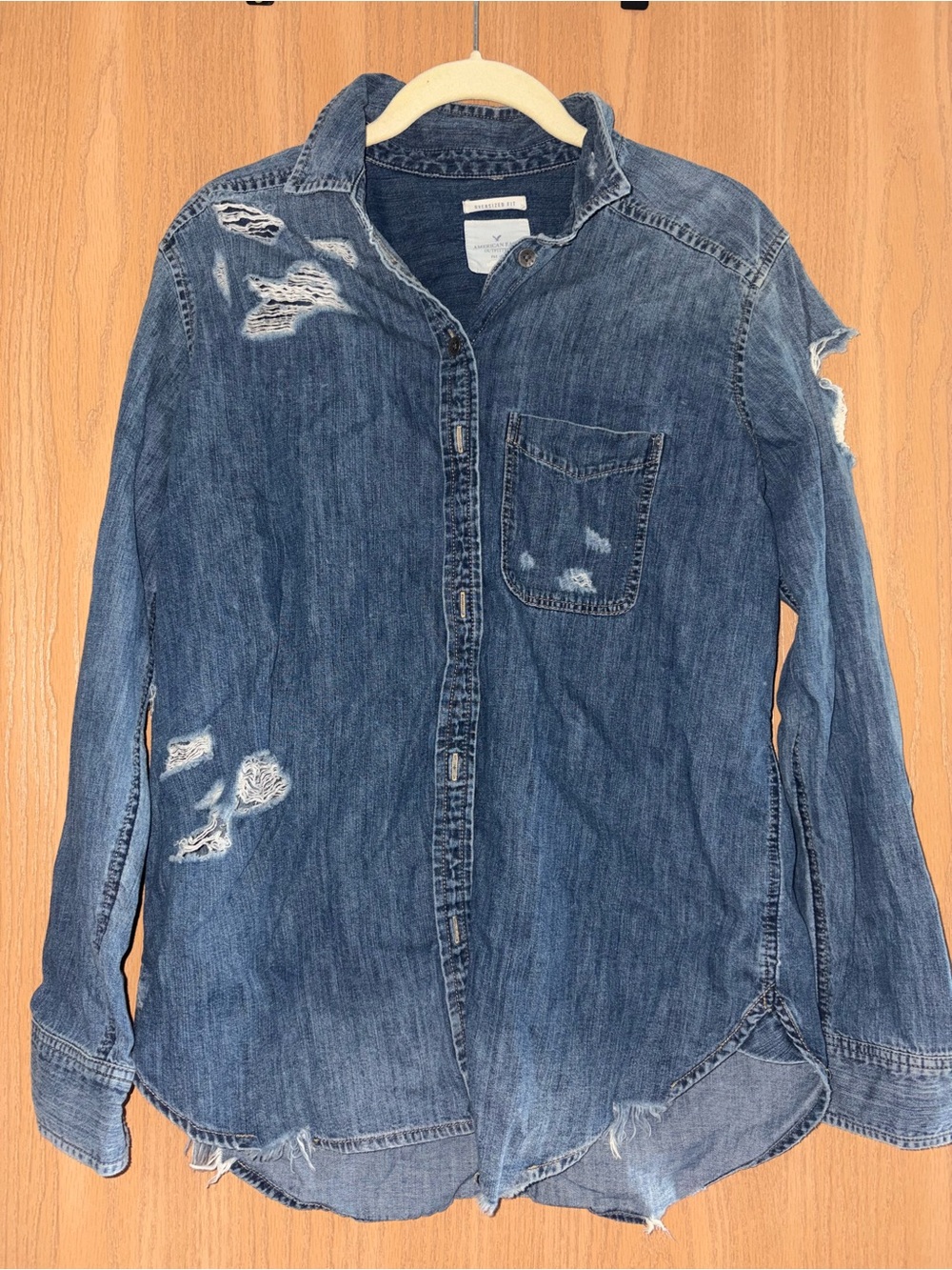 Vintage Early 2000s American Eagle Oversized Distressed Denim Button-Up Shirt